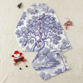 Women's Deep Indigo White Toile de Jouy Romantic Pastoral Landscape Classical Figures Satin Pajamas Set