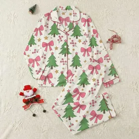 Women's Illustrative Creamy Off-White Hot Pink Bow Green Christmas Tree Golden Star Pattern Satin Pajamas Set