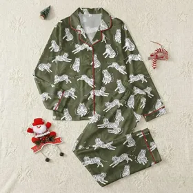 Women's Olive Green Playful Cartoon White Tiger & Abstract Leaf Pattern Satin Pajamas Set