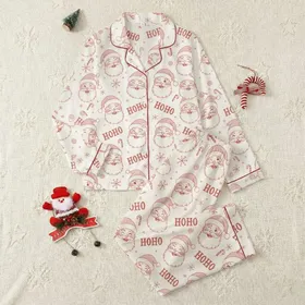 Festive Holiday Family Hand-Drawn Red Line Art Jolly Santa HOHO Snowflakes Pattern on Off-White Satin Pajamas Set