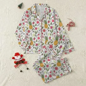 Women's Whimsical Garden Fruit & Floral Pattern with Bees, Dragonflies in Red, Gold, Green Satin Pajamas Set