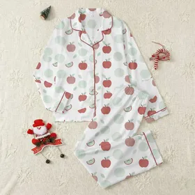 Women's Minimalist White Muted Red Apple & Mint Green Abstract Geometric Pattern Satin Pajamas Set