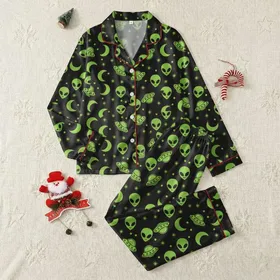 Playful Trendsetters' Charcoal Black Neon Lime Green Cartoon Alien UFO Star Pattern Satin Pajamas Set