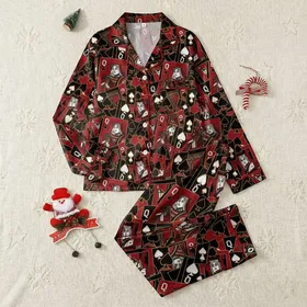 Women's Black Crimson Gold White Queen of Spades Interwoven Card Collage Pattern Satin Pajamas Set