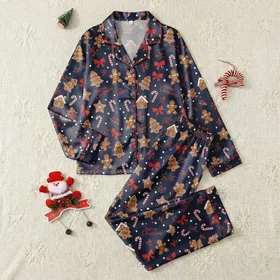 Women's Deep Navy Blue Gingerbread Cookie Christmas Festive Pattern with Scarlet Red Bows Berries & Script Text Satin Pajamas Set