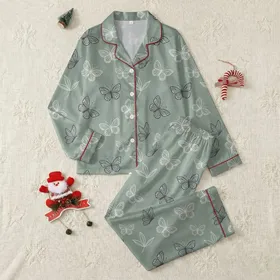 Women's Muted Sage Green Botanical Butterfly & Abstract Leaf Pattern Satin Pajamas Set