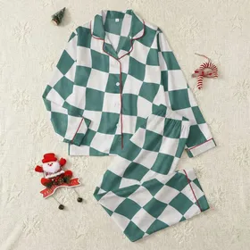 Women's Muted Dusty Teal Green White Distressed Organic Checkerboard Pattern Satin Pajamas Set