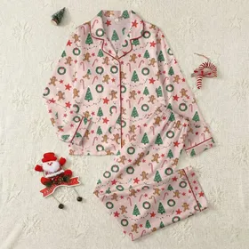 Women's Pale Pink Whimsical Gingerbread Men Emerald Green Christmas Tree Candy Cane Pattern Satin Pajamas Set