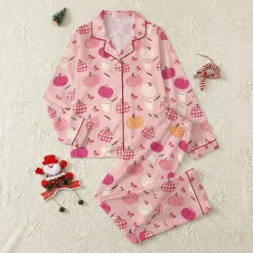Women's Whimsical Hand-Drawn Pastel Pink Pumpkin Ghost Bat Spiderweb Pattern with Magenta & Fuchsia Accents Satin Pajamas Set