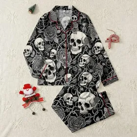 Women's Intricate Gothic Rose Skull Dark Romantic Black White Grey Illustrative Design Satin Pajamas Set