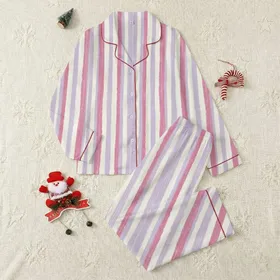 Women's Washed-Out Palette Soft Irregular Vertical Stripes Textural Chalky Finish Satin Pajamas Set
