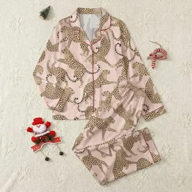 Women's Blush Pink Tan Brown-Black Illustrative Dynamic Leopard Flowing Pattern Satin Pajamas Set