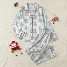 Women's & Teens' Whimsical Pastel Sky Blue Gingham Teddy Bear Celestial Art Satin Pajamas Set