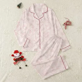 Women's Soft Blush Pink Tone-on-Tone Serene Minimalist Botanical Pattern Satin Pajamas Set