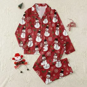 Women's Vibrant Red Cheerful Snowman, White Snowflake, Holly & Bird Festive Winter Scene Satin Pajamas Set