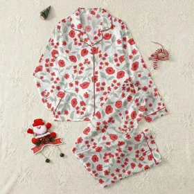 Women's Vibrant Poppy Red Bell-Shaped Flowers & Delicate Blossoms Botanical Print on Pure White Satin Pajamas Set