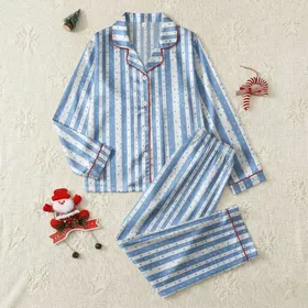 Women's Classic Baby Blue White Thin Vertical Stripes Subtle Outline Stars Satin Pajamas Set