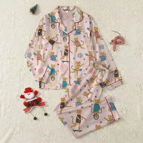 Women's Whimsical Leopard Blush Pink Yellow-Orange Flat Graphic Art with Brightly Clad Leopards, Star Vests & Plaid Shirts Satin Pajamas Set
