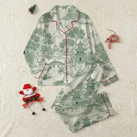 Women's Chinoiserie Toile Pagoda & Deer Scenic Landscape Forest Green & Off-White Satin Pajamas Set