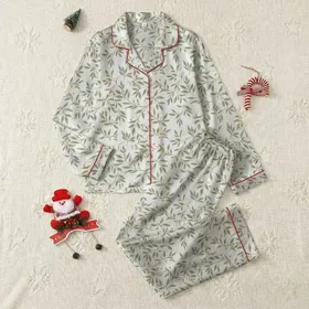 Women's Elegant Botanical Sage Olive Leaves Cream Flowers Ochre Berries Silver Gray Satin Pajamas Set