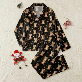 Women's Whimsical Flat Graphic Light Brown Tan Teddy Bear Playful Poses Hearts & Stars Pattern on Black Satin Pajamas Set