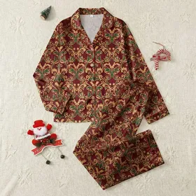 Women's Ornate Baroque Scrollwork in Antique Gold, Forest Green, Deep Burgundy Satin Pajamas Set