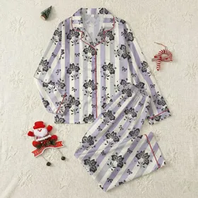 Women's Muted Lavender Light Grey Cream Vertical Stripe Black Lace Floral Bow Graphic Satin Pajamas Set