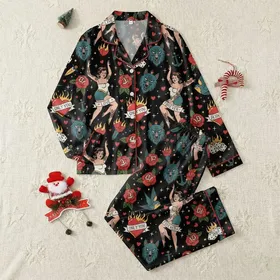 Women's Vintage Pin-Up Tattoo Art Black Red Yellow Teal Rose Wolf Hearts Pattern Satin Pajamas Set