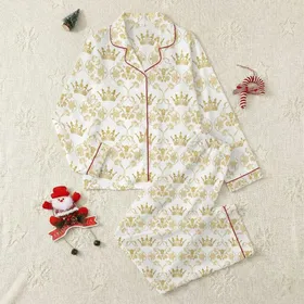 Women's Elegant White Gold Ornate Crown Floral Sprig Tendril Pattern Satin Pajamas Set