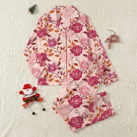 Women's Blush Peach Peony Rose Floral & Burnt Orange Leaf Watercolor Botanical Print Satin Pajamas Set