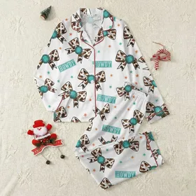 Women's White & Brown Cow Print Bows, Turquoise Howdy Blocks & Orange Stars Pattern Satin Pajamas Set