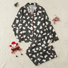 Women's High-Contrast Charcoal Grey White Abstract Organic Shape Pattern Satin Pajamas Set