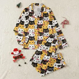 Women's Vibrant Kawaii Cartoon Cat Faces All-Over Pattern with Pink Bows & Sunglasses Satin Pajamas Set