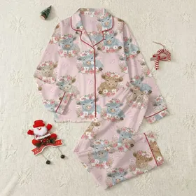 Women's Whimsical Fluffy Baby Highland Cows, Pink Daisies, Rose Blossoms, Fuchsia Butterflies on Pale Rose Pink Satin Pajamas Set
