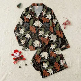 Women's Refined Autumn Botanical Tapestry Black Terracotta Russet Oak Maple Leaves & Cream Chrysanthemums Satin Pajamas Set