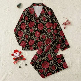 Women's Stylized Crimson Rose & Antique Gold Filigree Seamless Black Pattern Satin Pajamas Set