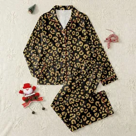 Women's Luxurious Black Golden-Tan Stylized Leopard Rosette Pattern Satin Pajamas Set