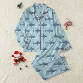 Women's Whimsical Cartoon Sharks Seamless Muted Blue-Grey & Sky Blue Pattern with Bubbles Satin Pajamas Set