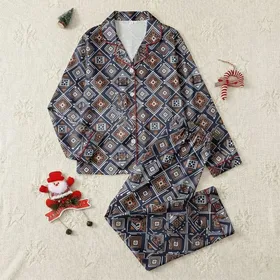 Women's Interlocking Geometric Tribal Print in Navy, White & Terracotta Brown Satin Pajamas Set