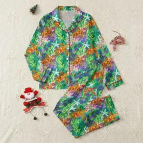 Women's Painterly Emerald Green Ocean Reef with Terracotta Turtles, Pink & Purple Coral, Indigo Urchins Pattern Satin Pajamas Set