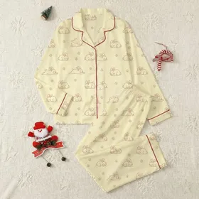 Women's Soft Creamy Yellow Whimsical Hand-Drawn Bunny & Clover Pattern Satin Pajamas Set