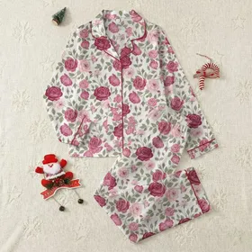 Women's Romantic Pink Rose & Fuchsia Floral Illustration with Sage Green Leaves Satin Pajamas Set