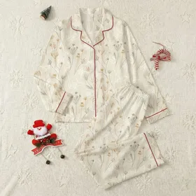 Women's Delicate Muted Beige Greige Ecru Dried Wildflower Lace Filigree Satin Pajamas Set