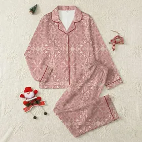 Women's Vintage Romantic Hand-Drawn Scrolling Floral Lace Filigree Bows in Dusty Rose Mauve Satin Pajamas Set