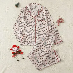 Women's Coral Pink Vector Coffee Bean & Steaming Cup Heart Outline Pattern Satin Pajamas Set