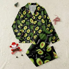 Women's Black All-Over Stylized Avocado & Seed Pattern with Vibrant Green Flesh & White Script Text Satin Pajamas Set