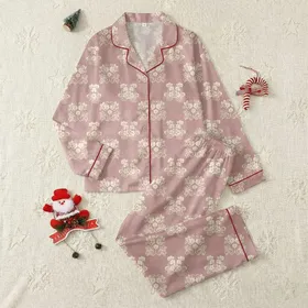 Women's Muted Pastel Pink Off-White Lace-Inspired Floral Filigree Pattern Satin Pajamas Set