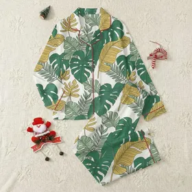 Nature Lovers' Hand-Drawn Tropical Botanical Emerald Sage Ochre Leaf Pattern Satin Pajamas Set