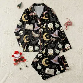 Women's Whimsical Black Gold Mystical Moon Witch Hat Crystal Skull Pattern Satin Pajamas Set
