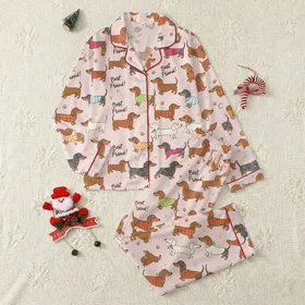 Women's Whimsical Pastel Pink Cartoon Dachshund Pattern, Colorful Sweaters & 'Best Friend' Text Satin Pajamas Set